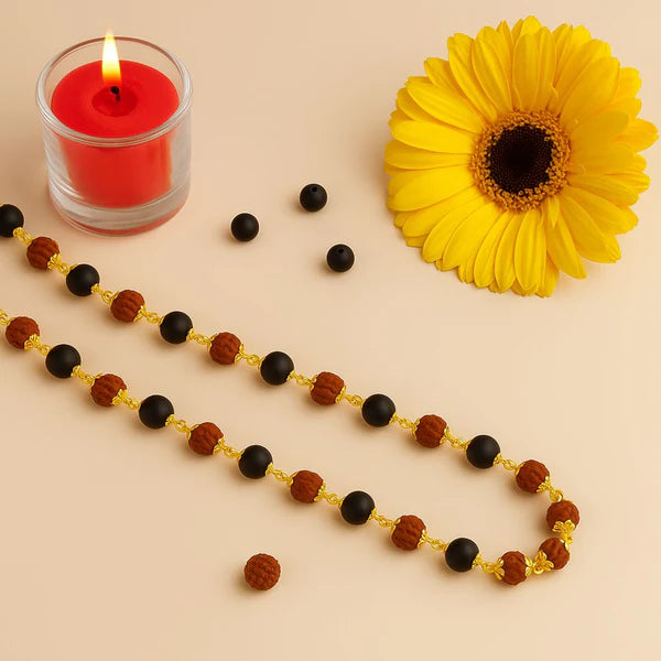 Certified Karungali Rudraksha Malai – Silver & Gold Capped Beads