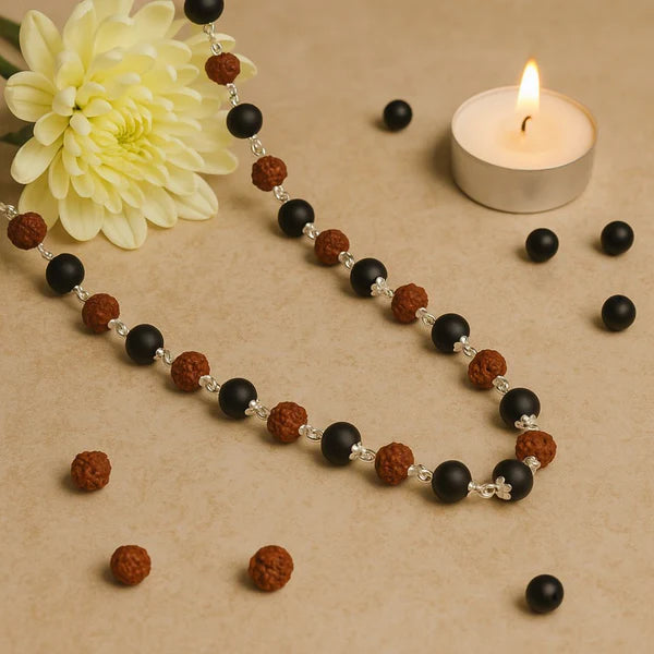Certified Karungali Rudraksha Malai – Silver & Gold Capped Beads