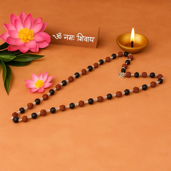 Certified Karungali Rudraksha Malai – Silver & Gold Capped Beads