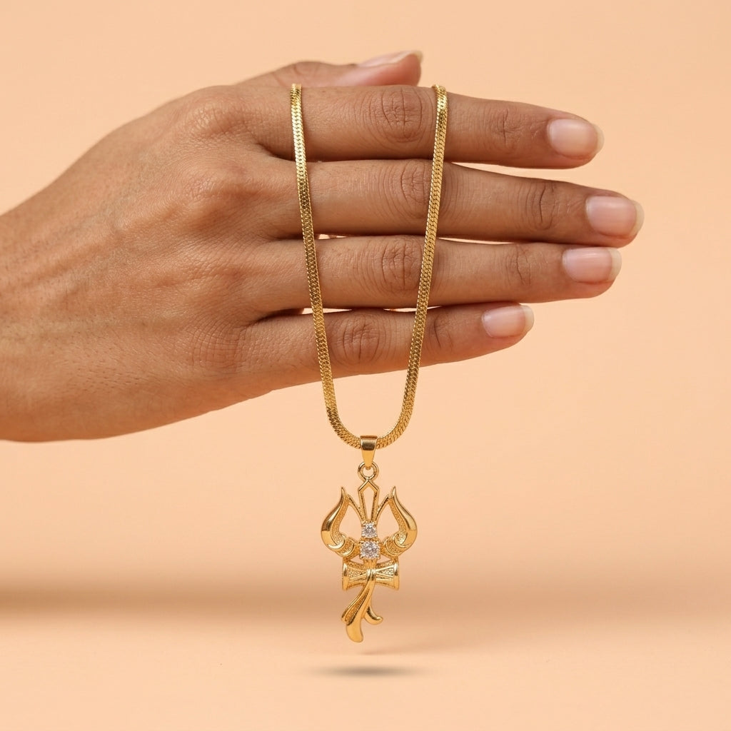 Lord Shiva Golden Trishul Om Damru Pendant with Chain