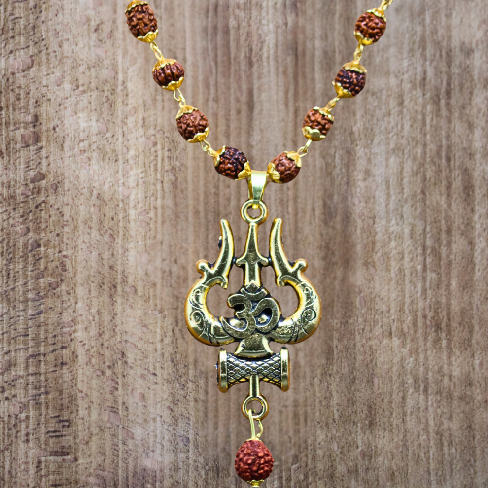 Gold Plated Rudraksha Om Trishool Necklace