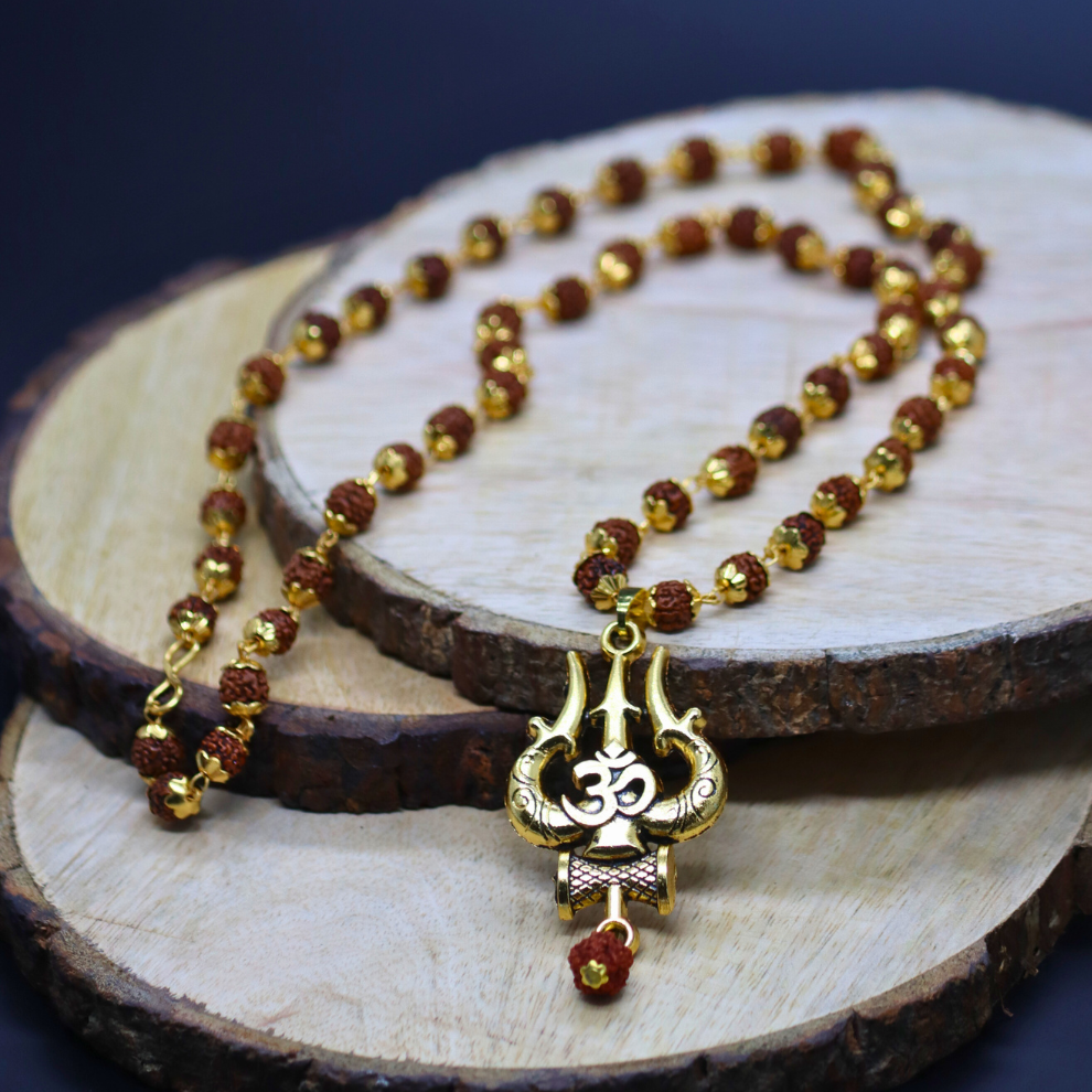 Gold Plated Rudraksha Om Trishool Necklace