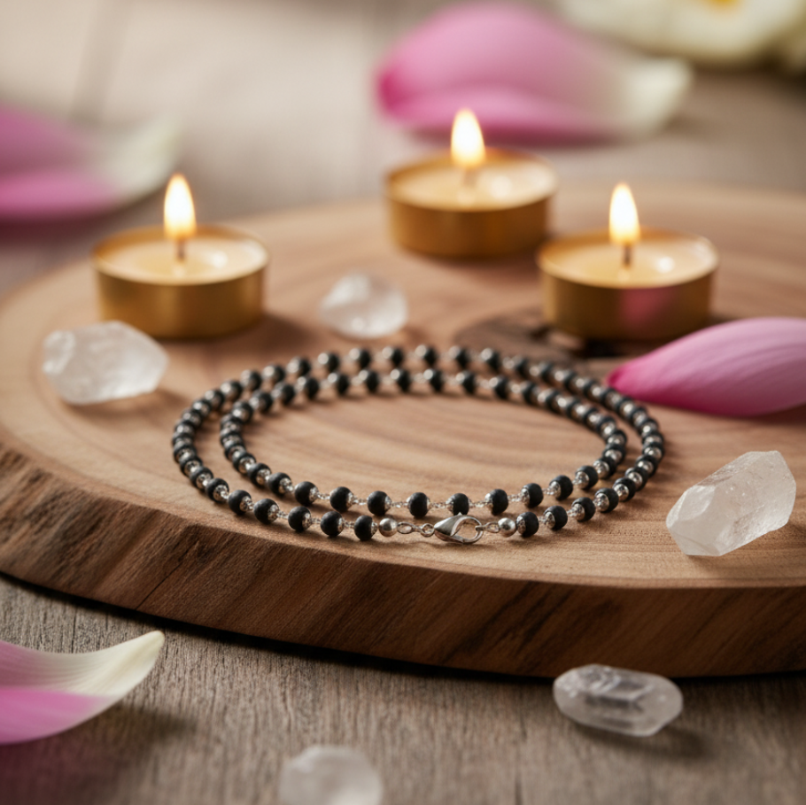 Silver Plated Karungali Mala - Natural Ebony Wood