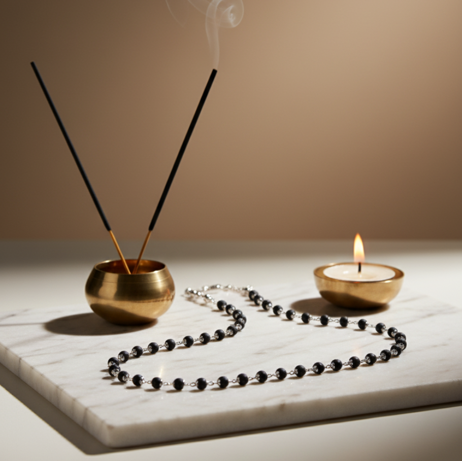 Silver Plated Karungali Mala - Natural Ebony Wood