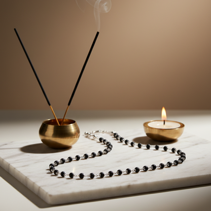 Silver Plated Karungali Mala - Natural Ebony Wood