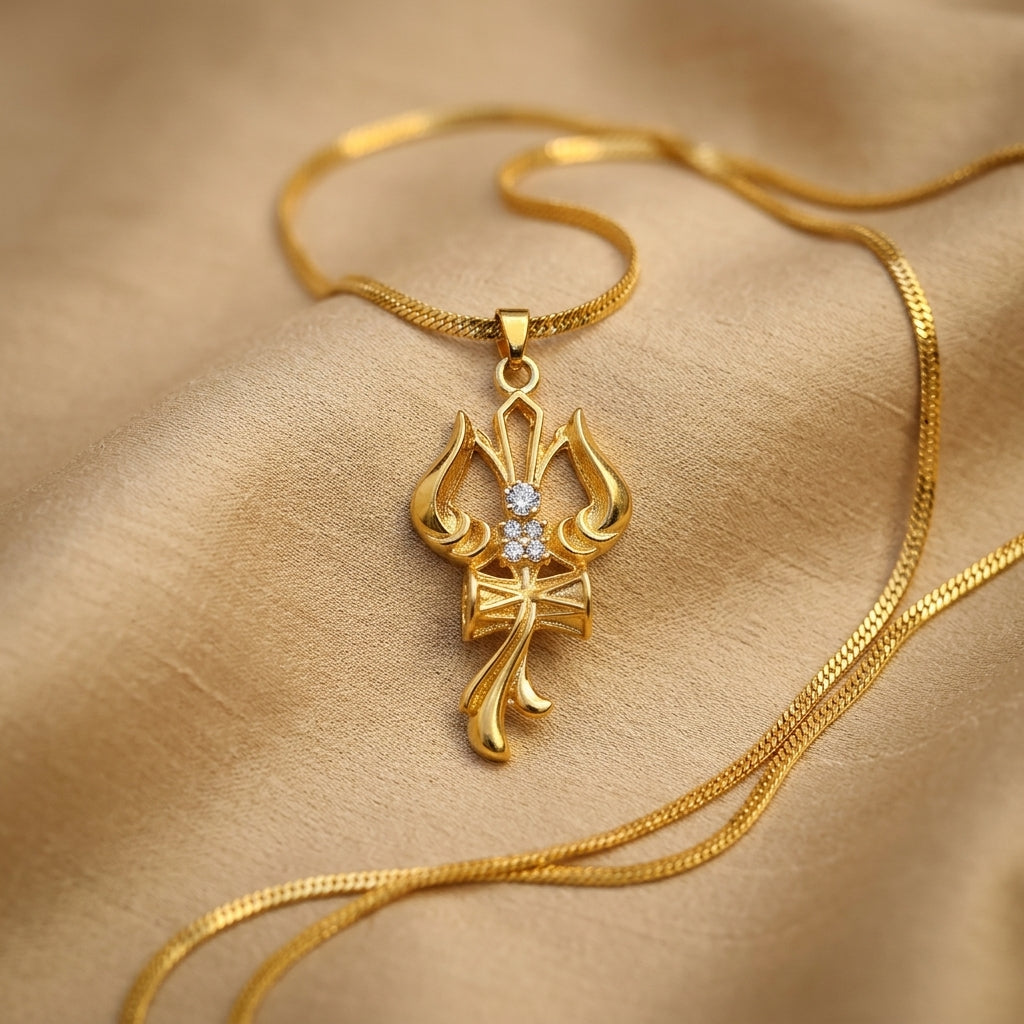 Lord Shiva Golden Trishul Om Damru Pendant with Chain