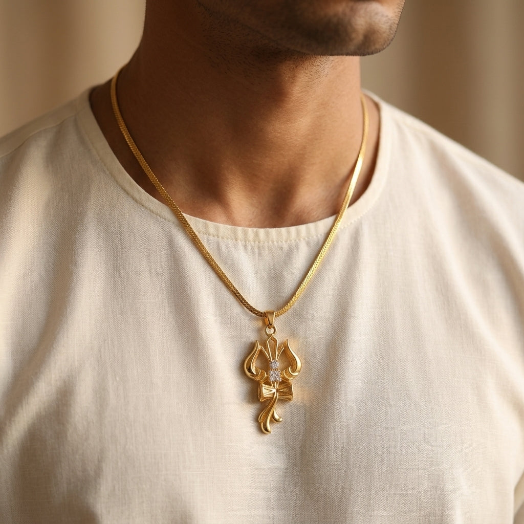 Lord Shiva Golden Trishul Om Damru Pendant with Chain
