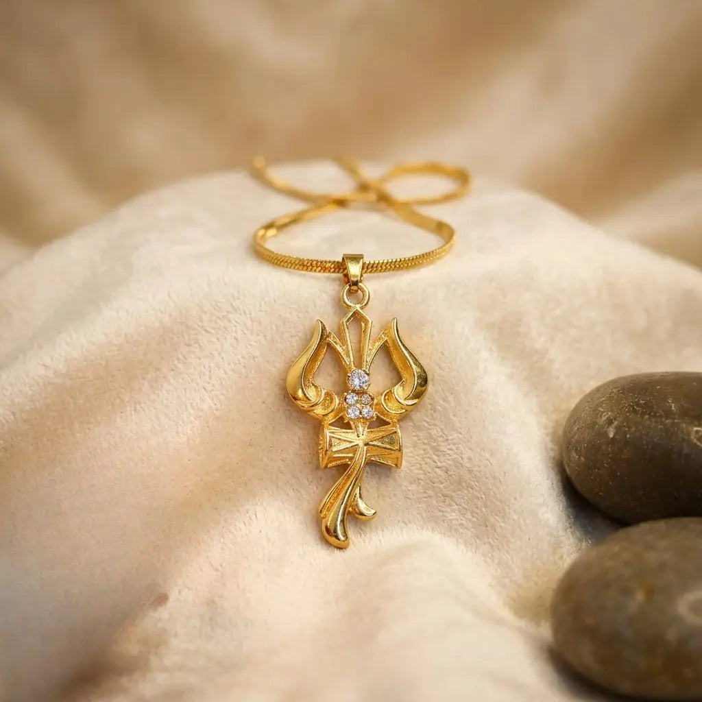 Lord Shiva Golden Trishul Om Damru Pendant with Chain