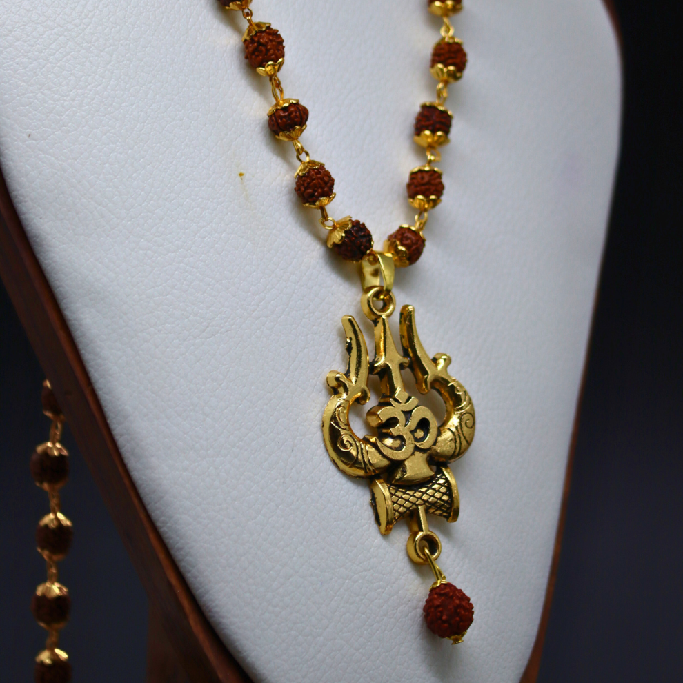 Gold Plated Rudraksha Om Trishool Necklace