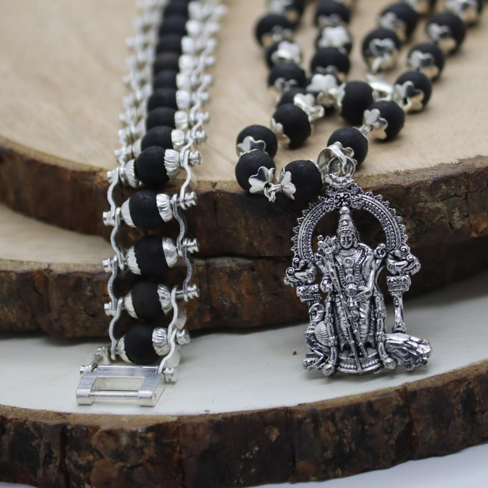 Sacred Karungali Combo – Silver-Plated Bracelet + Lord Murugan Pendant Mala | Certified & Abhimantrit | For Strength, Health & Success