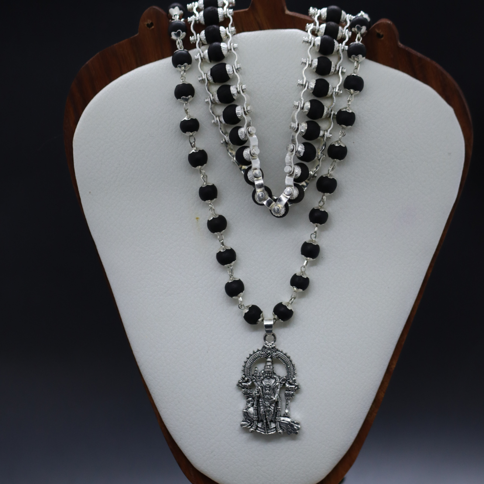 Sacred Karungali Combo – Silver-Plated Bracelet + Lord Murugan Pendant Mala | Certified & Abhimantrit | For Strength, Health & Success