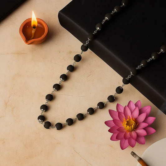 Silver Plated Karungali Malai - Natural Ebony Wood