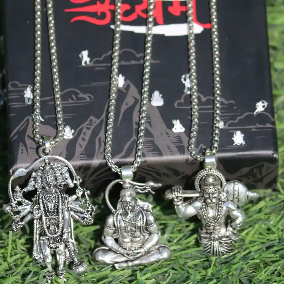 Set of 3 Hanuman Ji Pendants – Panchmukhi, Mahabali & Meditating