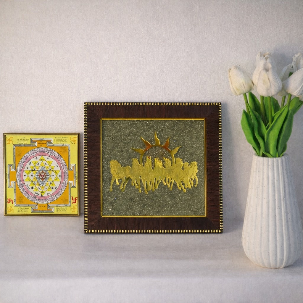 7 Horses on Raw Pyrite Frame with Free Shree Yantra
