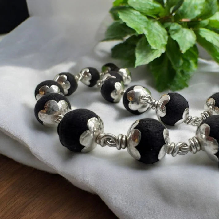 Silver Plated Karungali Malai - Natural Ebony Wood