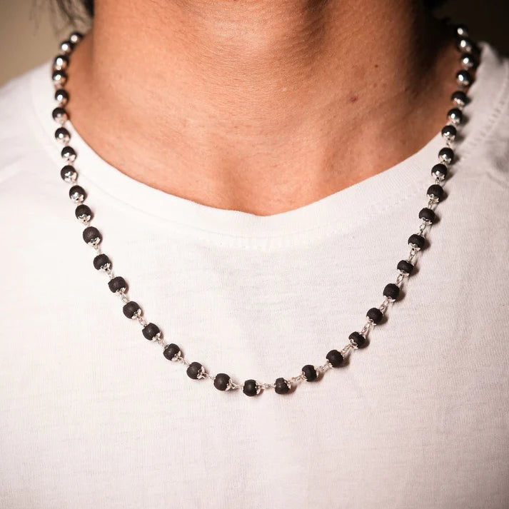 Silver Plated Karungali Malai - Natural Ebony Wood