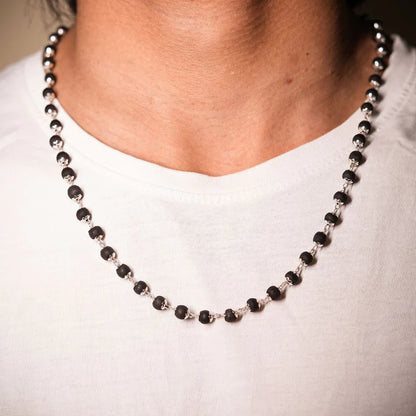 Silver Plated Karungali Malai - Natural Ebony Wood